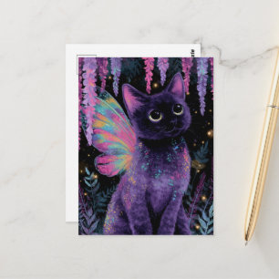 Adorable Black and Purple Cat Fairy Postcard