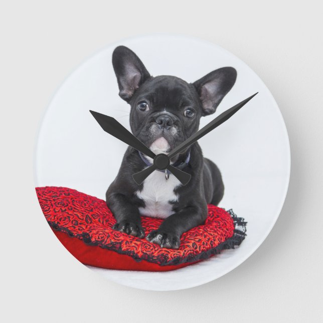 Adorable Black and White Bulldog Puppy Photo Round Clock (Front)