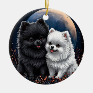 Adorable Black and White Pomeranian Puppies Ceramic Tree Decoration