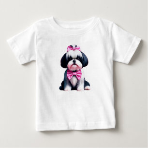 Adorable Black and White Shih Tzu with Pink Polka  Baby T-Shirt