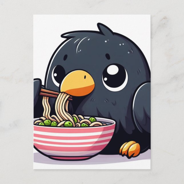 Adorable Black Bird Eating Peas and Noodles Postcard (Front)