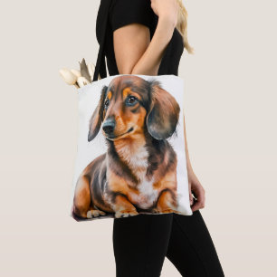 ADORABLE BLACK & BROWN DACHSHUND PUPPY DOG TOTE BAG