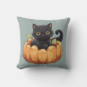 Adorable Black Cat in a Pumpkin Green Halloween Cushion