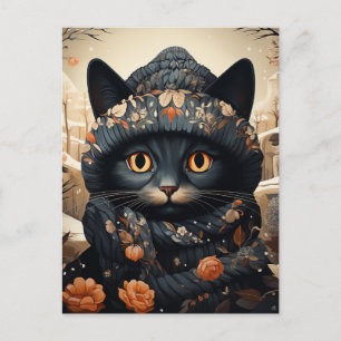 Adorable Black Cat in a Scarf and Hat Postcard