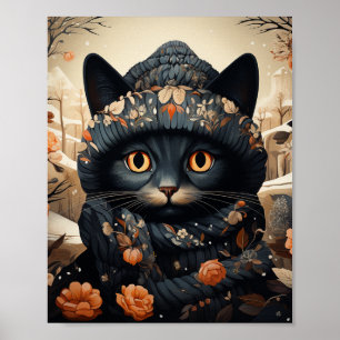Adorable Black Cat in a Scarf and Hat Poster