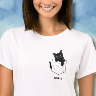 Adorable Black Cat in Pocket Personalised Name T-Shirt