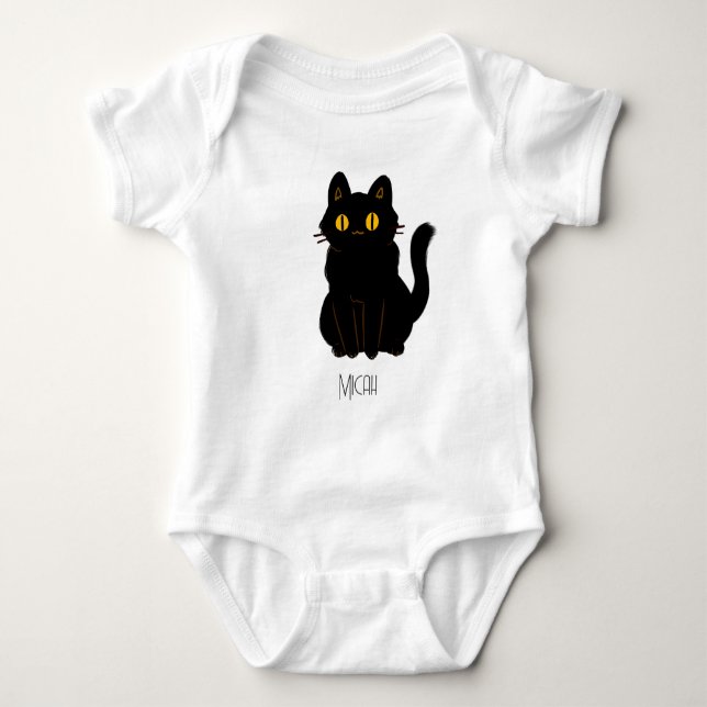 Adorable Black Cat Monogram Name Baby Bodysuit (Front)