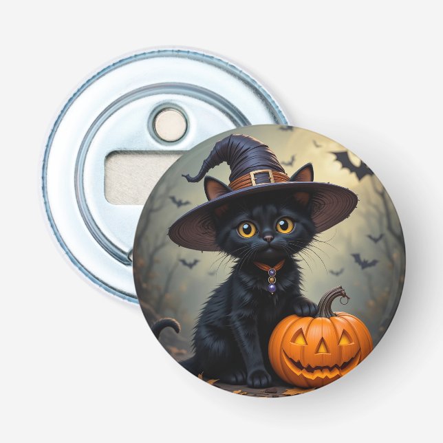 Adorable Black Cat Wearing Witch Hat Bottle Opener (Front)