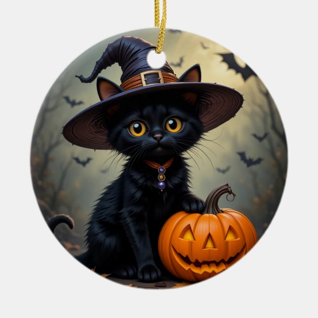 Adorable Black Cat Wearing Witch Hat Ceramic Tree Decoration (Front)