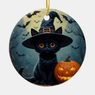 Adorable Black Cat Wearing Witch Hat Ceramic Tree Decoration