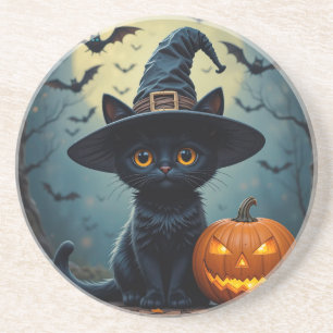 Adorable Black Cat Wearing Witch Hat Coaster