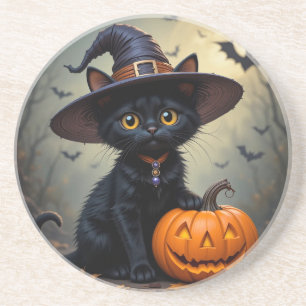 Adorable Black Cat Wearing Witch Hat Coaster