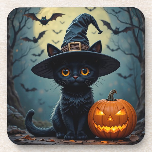 Adorable Black Cat Wearing Witch Hat Coaster (Front)