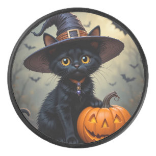 Adorable Black Cat Wearing Witch Hat Hockey Puck