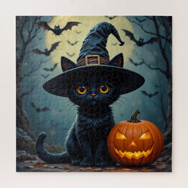 Adorable Black Cat Wearing Witch Hat Jigsaw Puzzle (Vertical)