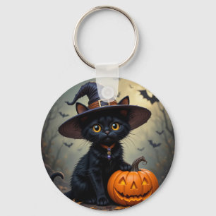 Adorable Black Cat Wearing Witch Hat Key Ring
