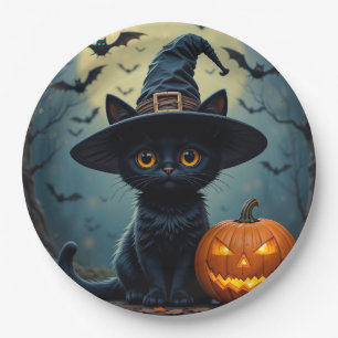 Adorable Black Cat Wearing Witch Hat Paper Plate