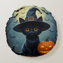 Adorable Black Cat Wearing Witch Hat