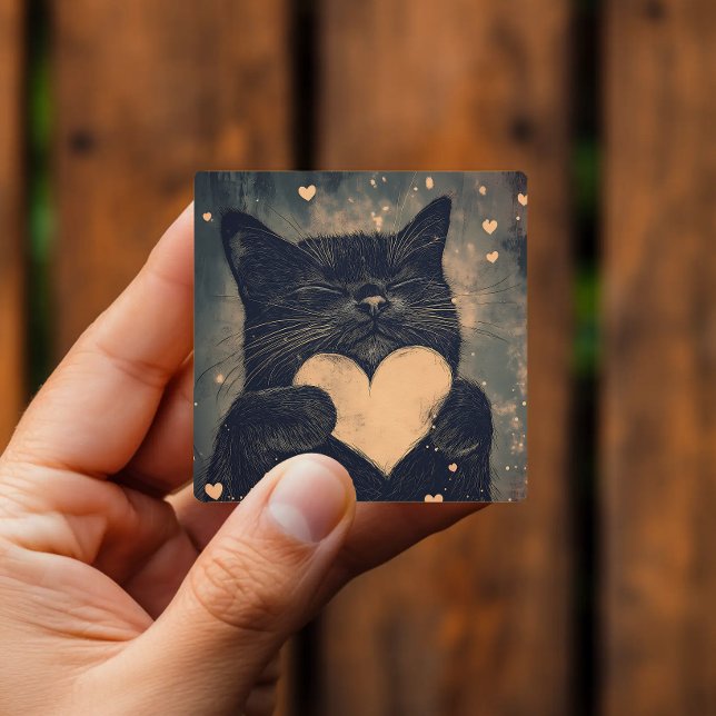 Adorable Black Cat with Golden Heart Square Sticker (Creator Uploaded)