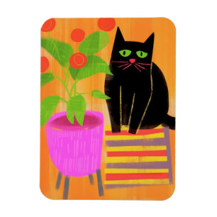 Adorable Black Cat With Houseplants Magnet