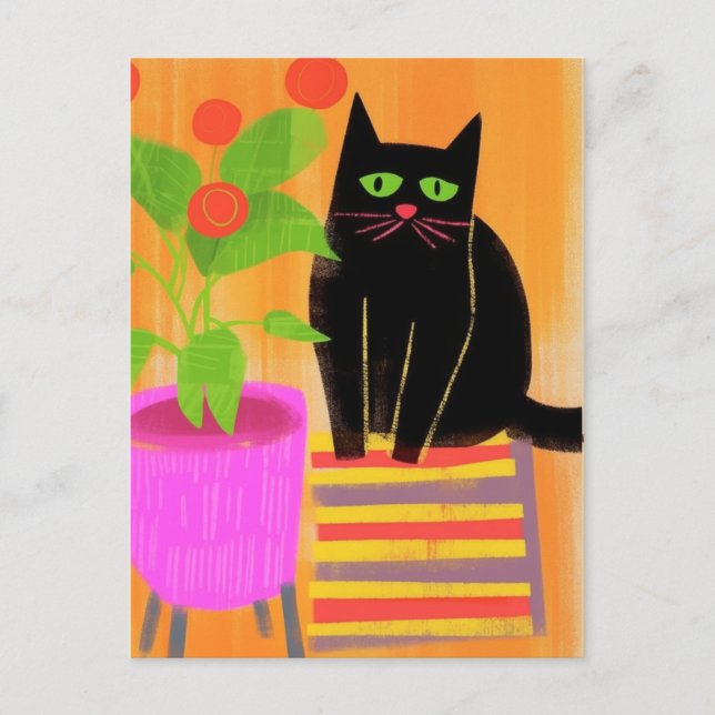 Adorable Black Cat With Houseplants Postcard (Front)