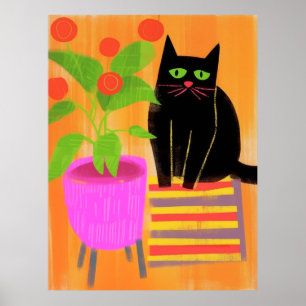Adorable Black Cat With Houseplants Poster