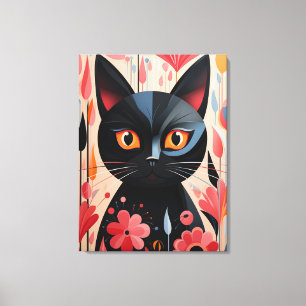 Adorable Black Cat With Pink Flowers Canvas Print