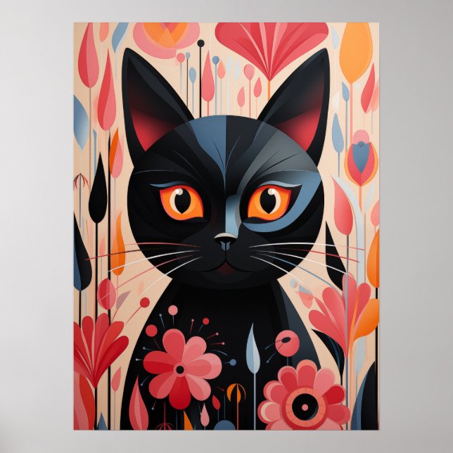 Adorable Black Cat With Pink Flowers Poster (Front)