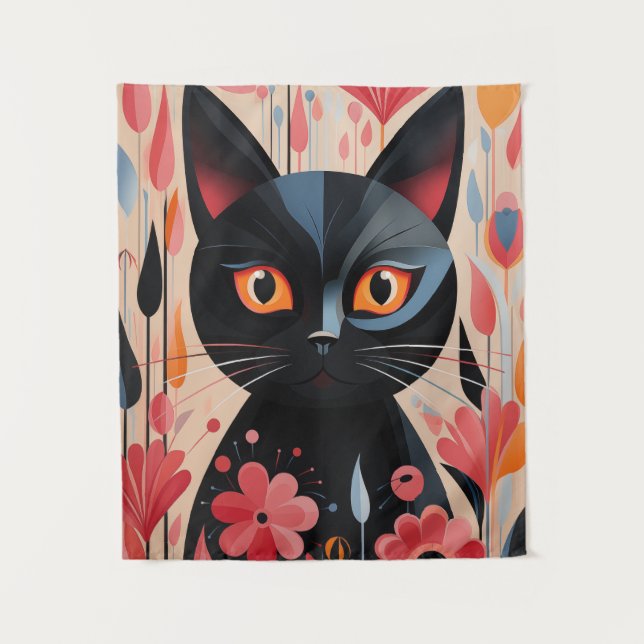 Adorable Black Cat With Pink Flowers Tapestry (Front)