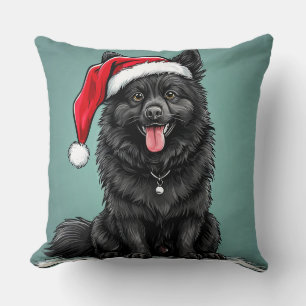 Adorable Black Dog Wearing Santa Hat Cushion