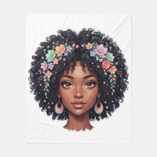 Adorable Black Girl W/ Flower Crown Afro Fleece Blanket