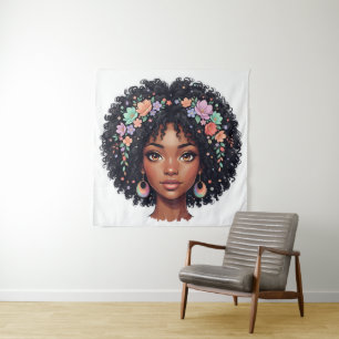 Adorable Black Girl W/ Flower Crown Afro Tapestry