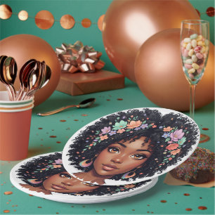 Adorable Black Girl With Floral Crown Afro Paper Plate