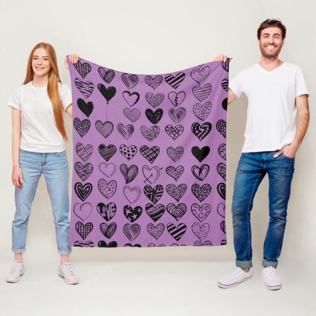 Adorable Black Heart Scribble Drawing Fleece Blank Blanket (In Situ)
