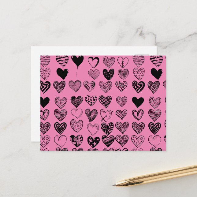 Adorable Black Heart Scribble Drawing Postcard (Front/Back In Situ)