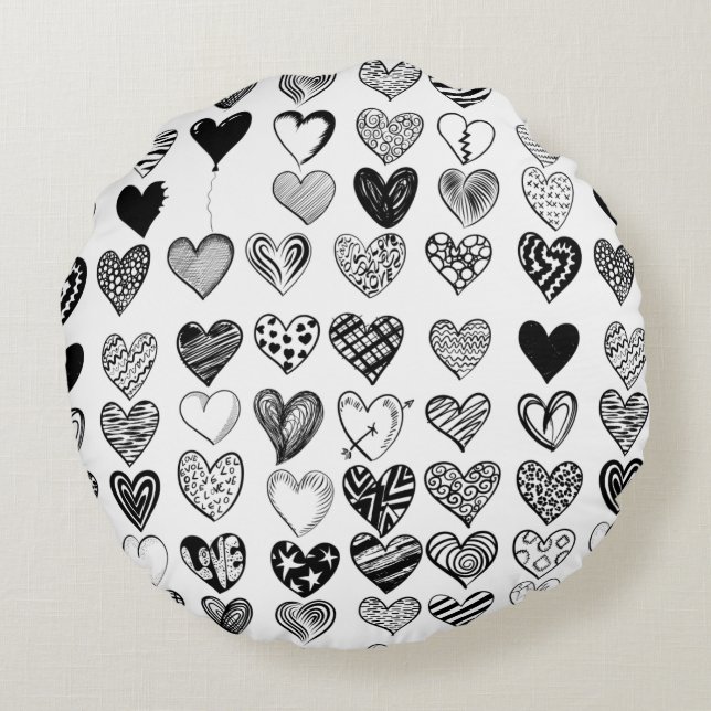 Adorable Black Heart Scribble Drawing Round Cushion (Back)