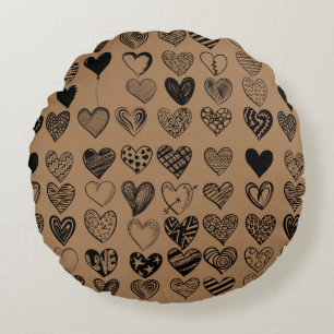 Adorable Black Heart Scribble Drawing Round Cushion