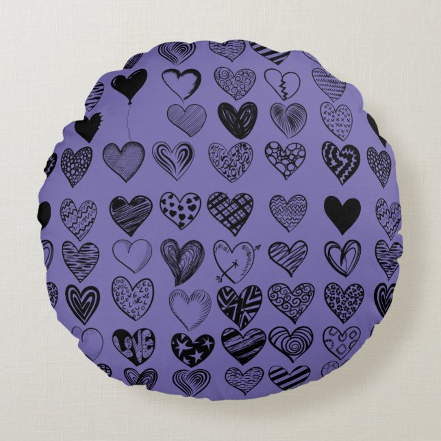 Adorable Black Heart Scribble Drawing Round Cushion (Front)