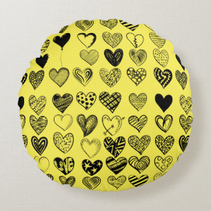 Adorable Black Heart Scribble Drawing Round Cushion