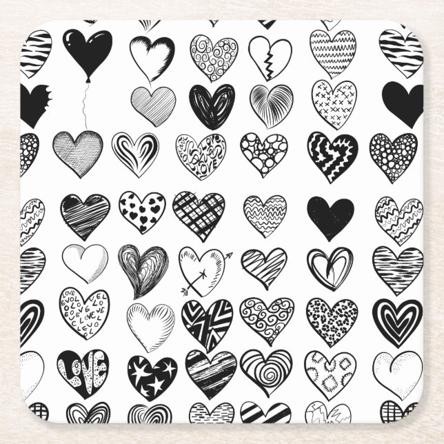 Adorable Black Heart Scribble Drawing Square Paper Coaster (Front)