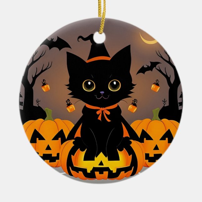 Adorable Black Kitten in Witch Hat Ceramic Tree Decoration (Front)