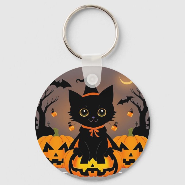 Adorable Black Kitten in Witch Hat Key Ring (Front)