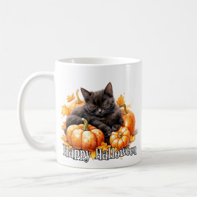 Adorable Black Kitty Cat Napping Coffee Mug (Left)
