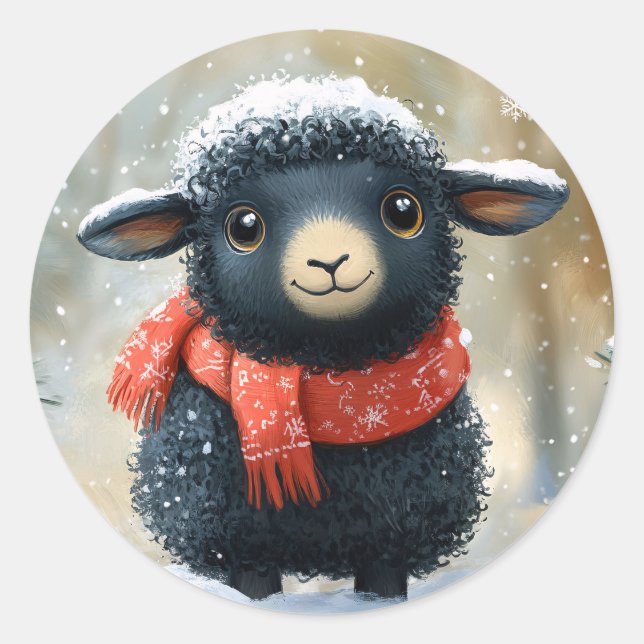 Adorable Black Lamb With Red Scarf Classic Round Sticker (Front)