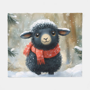 Adorable Black Lamb With Red Scarf Fleece Blanket