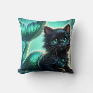 “Adorable Black Mermaid Kitten with Green Eyes" Cushion