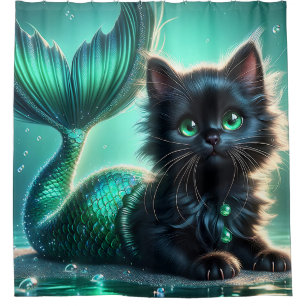 “Adorable Black Mermaid Kitten with Green Eyes" Shower Curtain