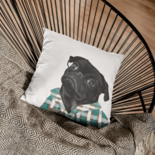 Adorable Black Pug With Glasses and Shirt Cushion