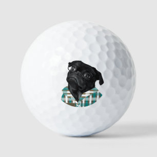 Adorable Black Pug With Glasses and Shirt Golf Balls