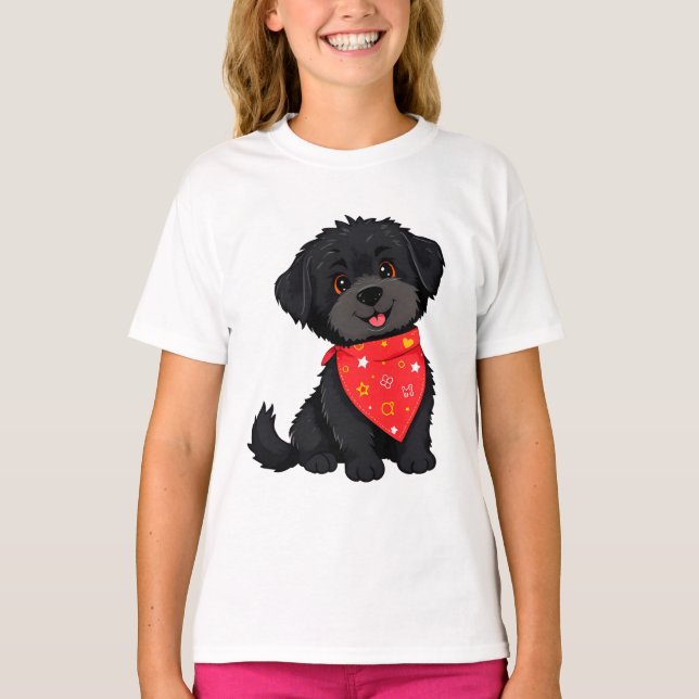 Adorable Black Puppy Wearing a Red Bandanna T-Shirt (Front)